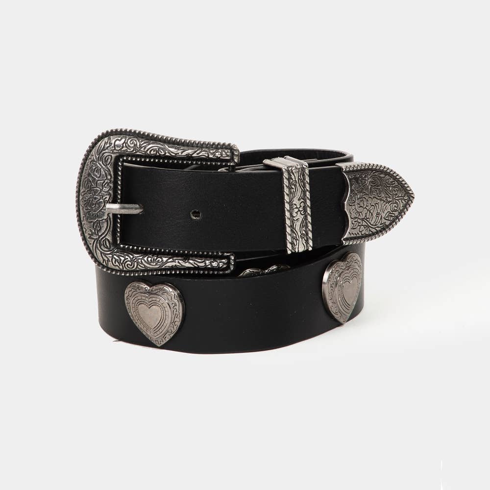Western etched flower heart vegan leather belt with floral design and heart-shaped buckle from Collections by Fame Accessories.