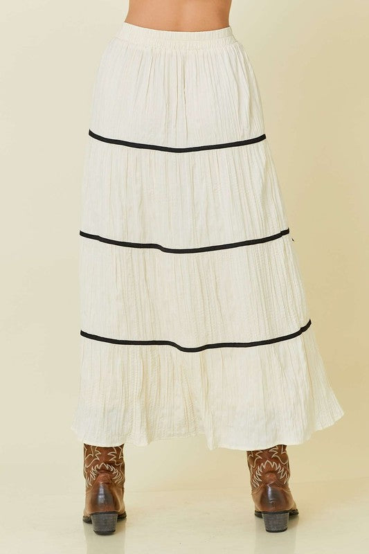 Plisse Bow Contrast Trim Maxi Skirt - Main Strip - RARA Boutique