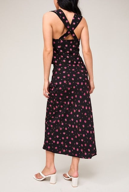 High Waisted Floral Rose Printed Bias Midi Skirt - Le Lis - RARA Boutique