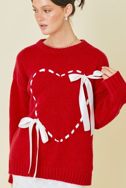 Lace Up Ribbon Heart Sweater with Bows - Main Strip - RARA Boutique