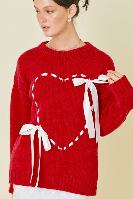 Lace Up Ribbon Heart Sweater with Bows - Main Strip - RARA Boutique