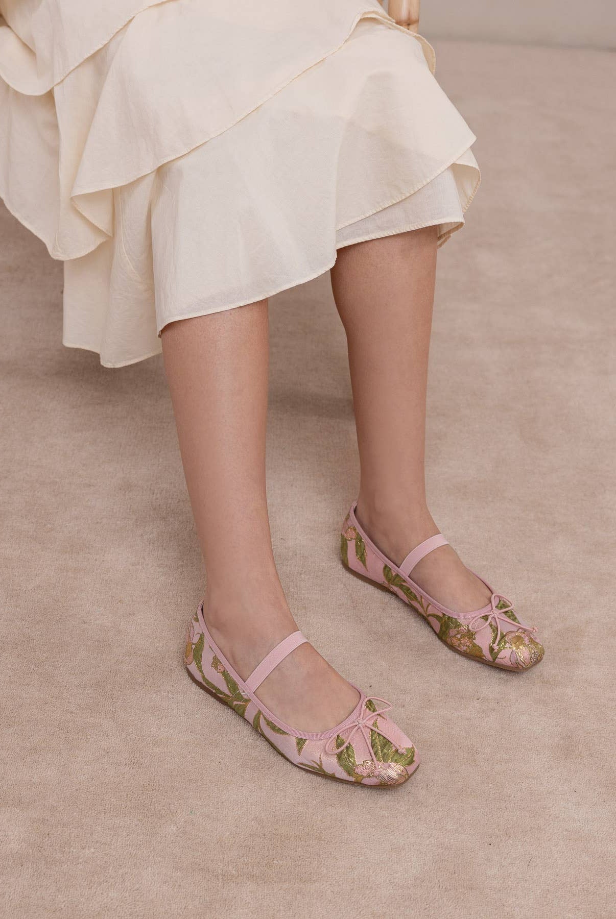 RARA Boutique Rose Garden floral Jacquard Mary Jane flats with decorative bow and intricate floral pattern for stylish comfort.