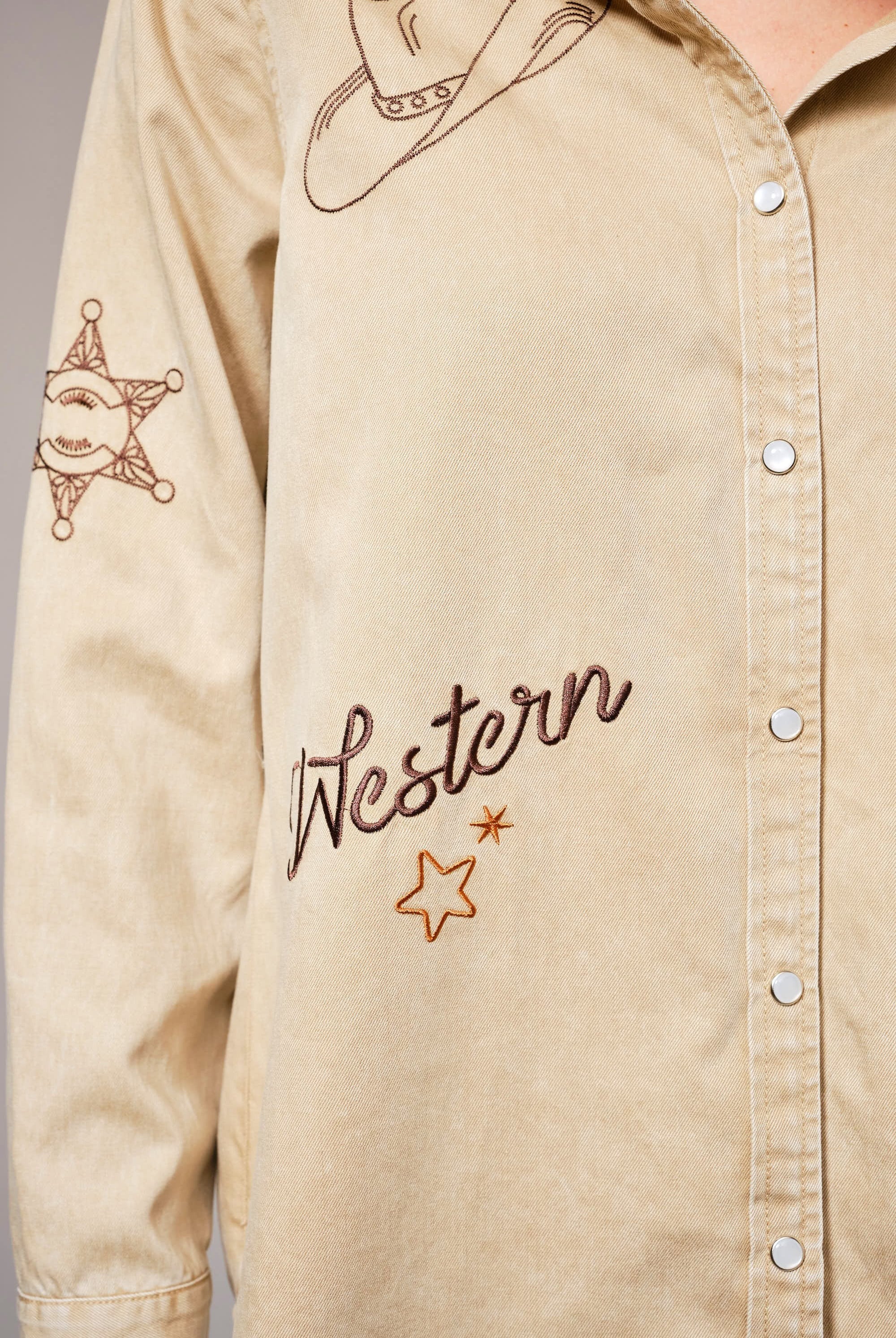 Western Ebroidered Snap Button Chambray Shirt Blouse - Blue B - RARA Boutique