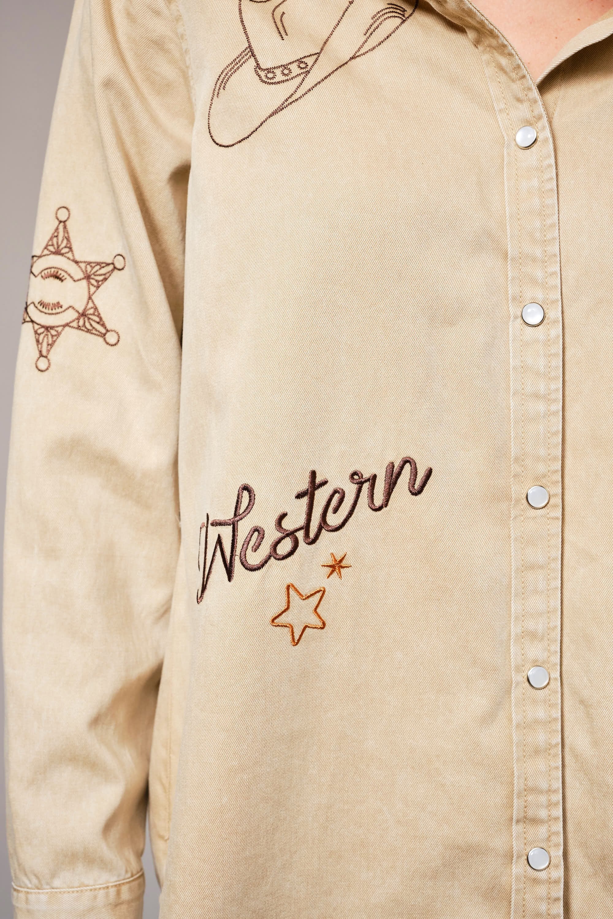 Western Ebroidered Snap Button Chambray Shirt Blouse - Blue B - RARA Boutique