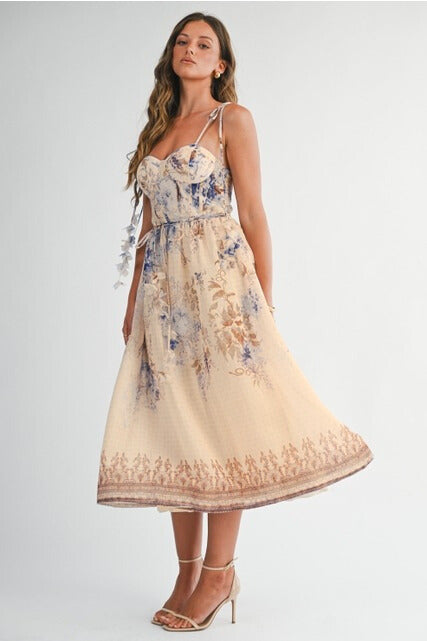 Floral Tie-Shoulder Sweetheart Midi Dress - EB Luxe - RARA Boutique