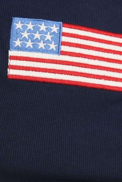 Rara Boutique embroidered American flag ribbed baby tee, casual t-shirt with patriotic flag design, suitable for infants and toddlers.