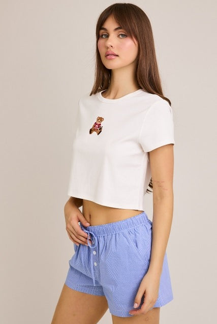 Embroidered Football Teddy Bear Baby Tee - Le Lis - RARA Boutique