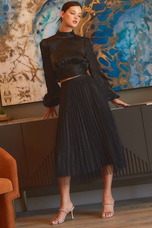 Pearl Embellished Pleated Mesh Midi Skirt - RARA Boutique