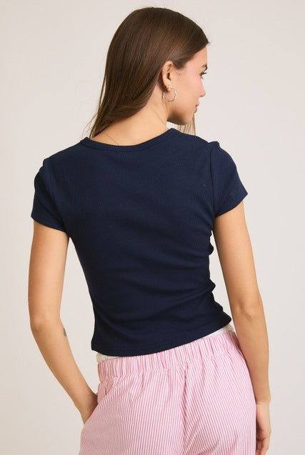 Rara Boutique embroidered American flag ribbed baby tee featuring patriotic flag design on soft cotton T-shirt for kids
