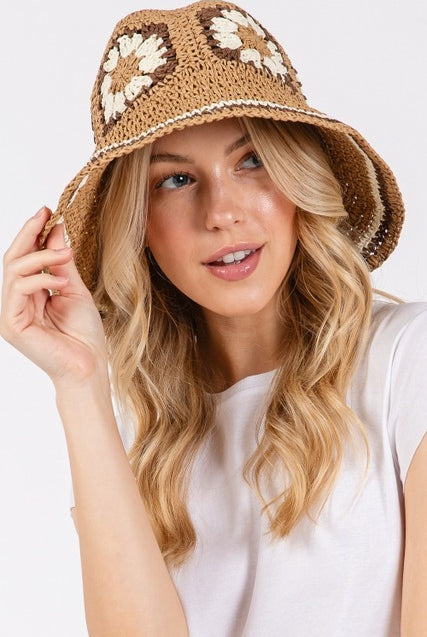 Floral Granny Square Crochet Straw Bucket Hat - RARA Boutique