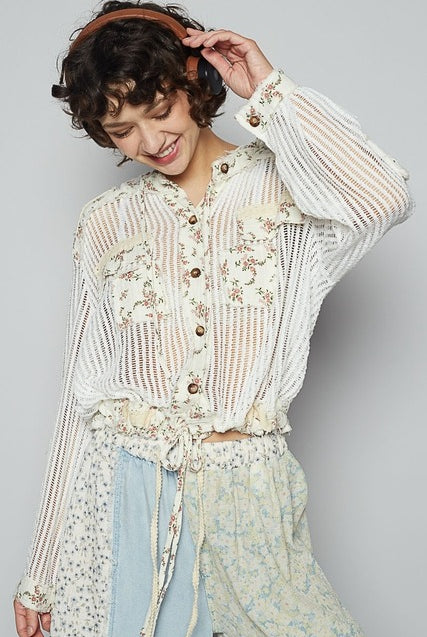 RARA Boutique floral patch open knit crochet hoodie jacket showcasing colorful floral patches and a lightweight, open-knit design.