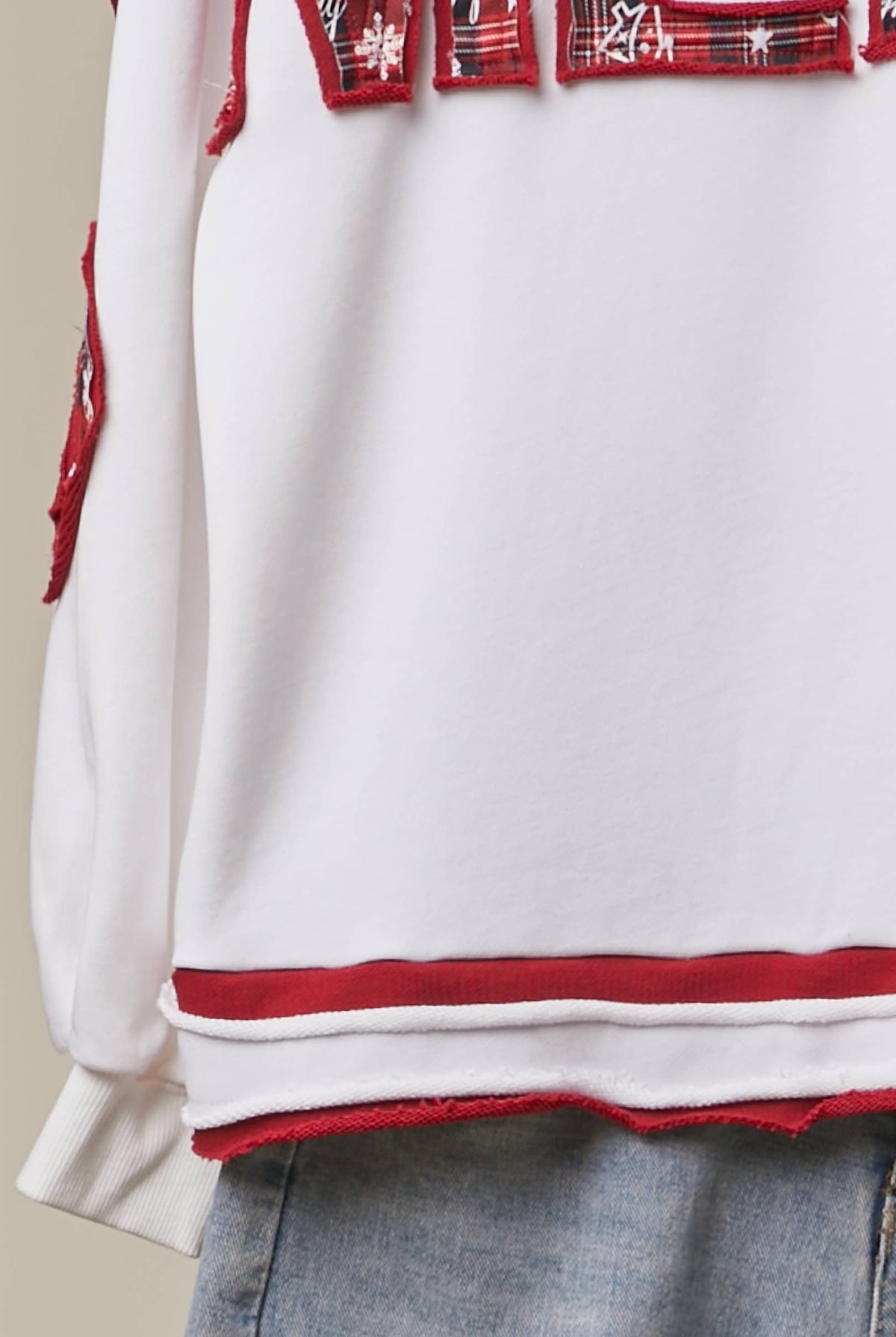 Mello TUESDAY Holiday Merry Christmas letter sweatshirt featuring festive red and green knit design with holiday lettering.