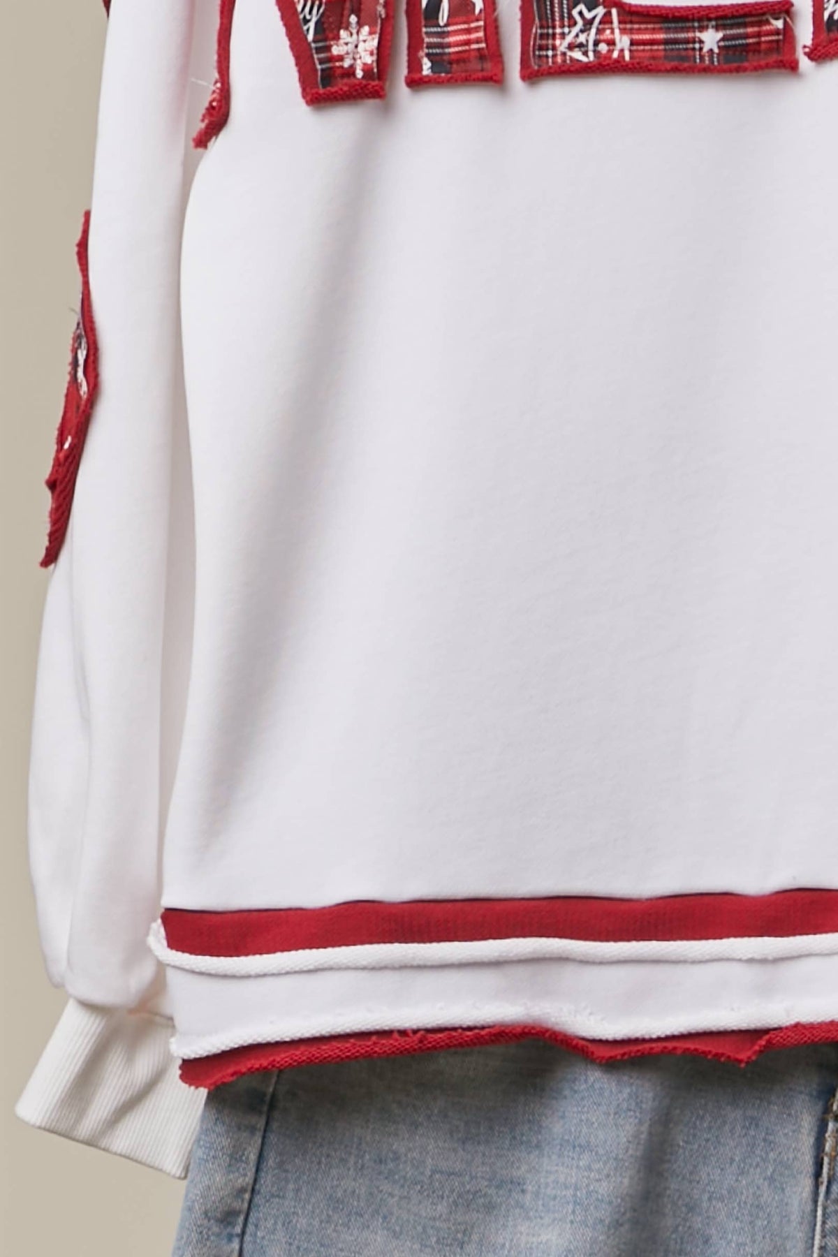 Mello TUESDAY Holiday Merry Christmas letter sweatshirt featuring festive red and green knit design with holiday lettering.