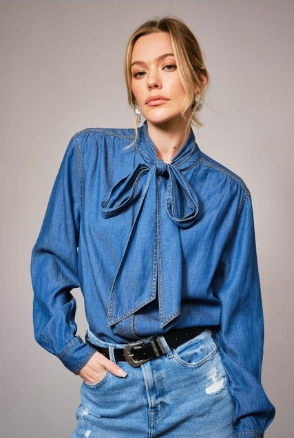 Tie Neck Chambray Denim Button Up Blouse - Blue B - RARA Boutique