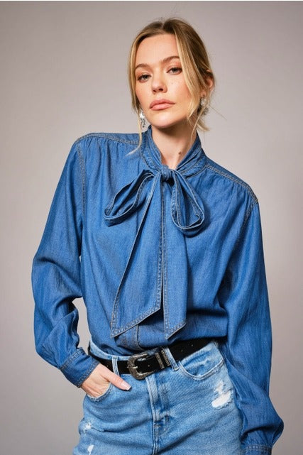 Tie Neck Chambray Denim Button Up Blouse - Blue B - RARA Boutique