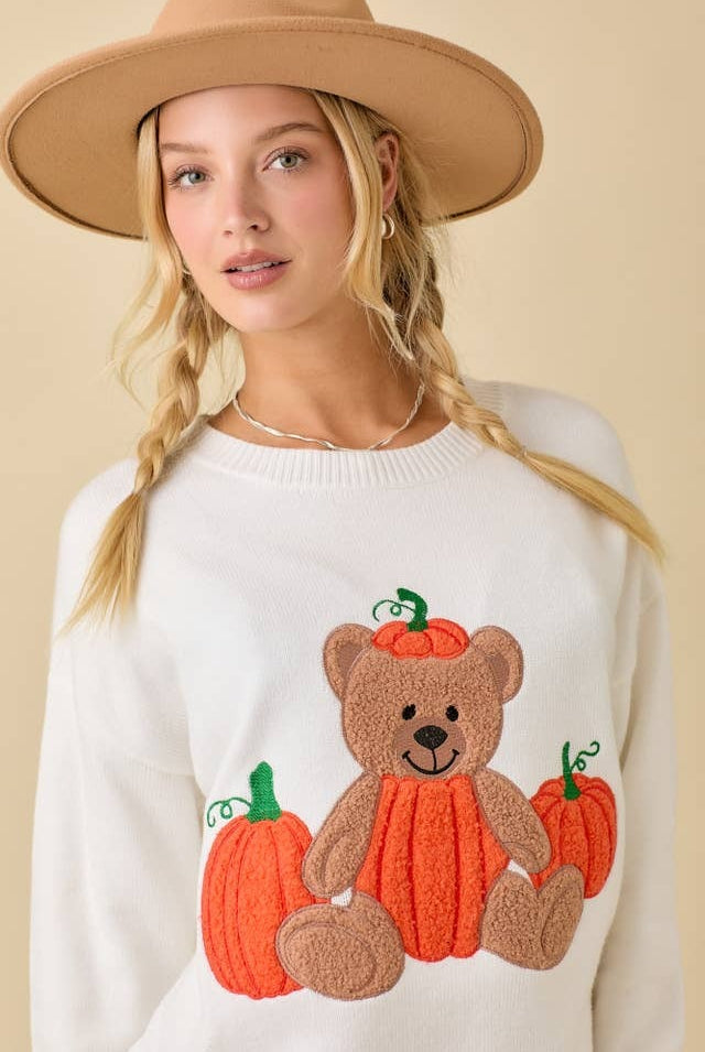 Textured Pumpkin Teddy Bear Embroidered Patchwork Sweater - Main Strip - RARA Boutique