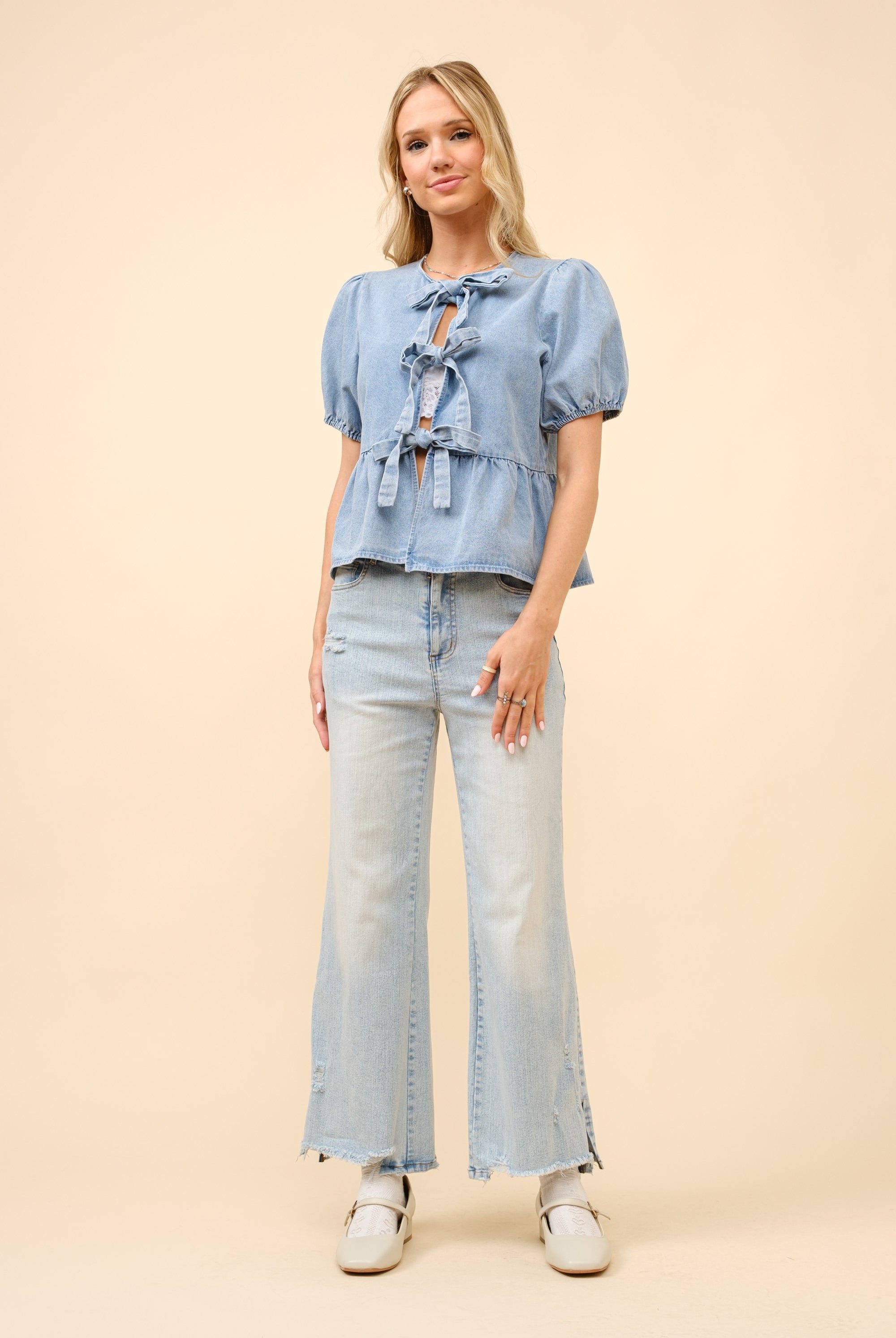 Puff Sleeve Bow Tie Front Denim Cut Out Top - Blue B - RARA Boutique