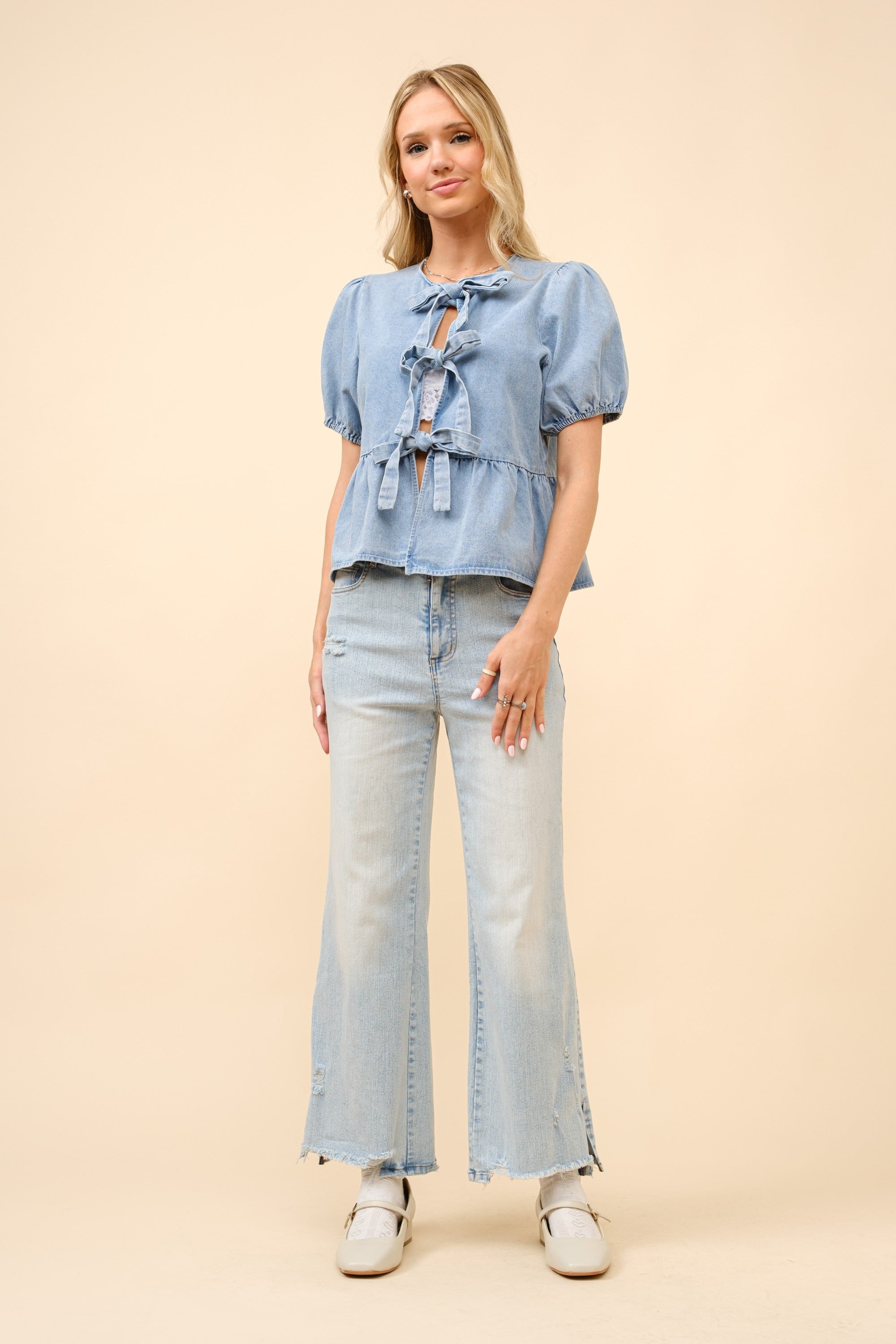 Puff Sleeve Bow Tie Front Denim Cut Out Top - Blue B - RARA Boutique