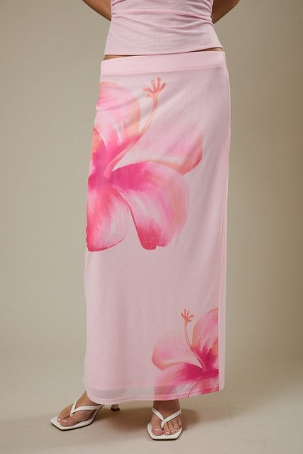 Tropical Hibiscus floral mesh midi skirt from RARA Boutique featuring vibrant hibiscus print and flowy lightweight fabric.