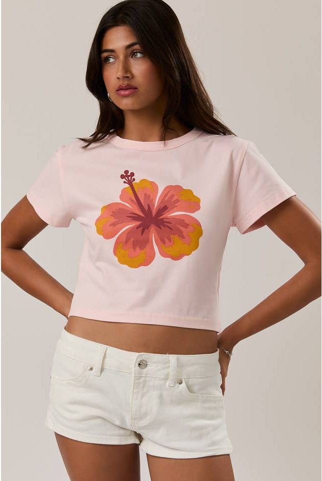 Bright hibiscus tropical flower print short sleeve cropped baby tee from RARA Boutique, featuring vibrant floral design and comfortable fit.