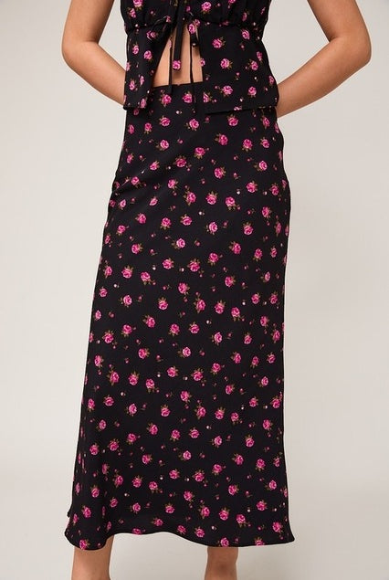 High Waisted Floral Rose Printed Bias Midi Skirt - Le Lis - RARA Boutique