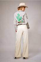 Long-Sleeve Gingham Western Embroidered Button Down Blouse - Blue B - RARA Boutique