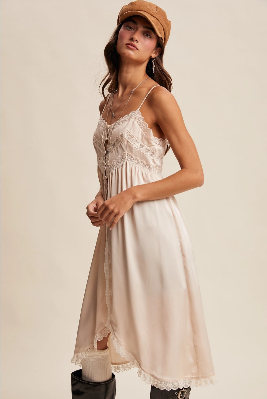 RARA Boutique satin lace trim maxi cami top featuring elegant lace details and a smooth satin finish, perfect for stylish casual wear.