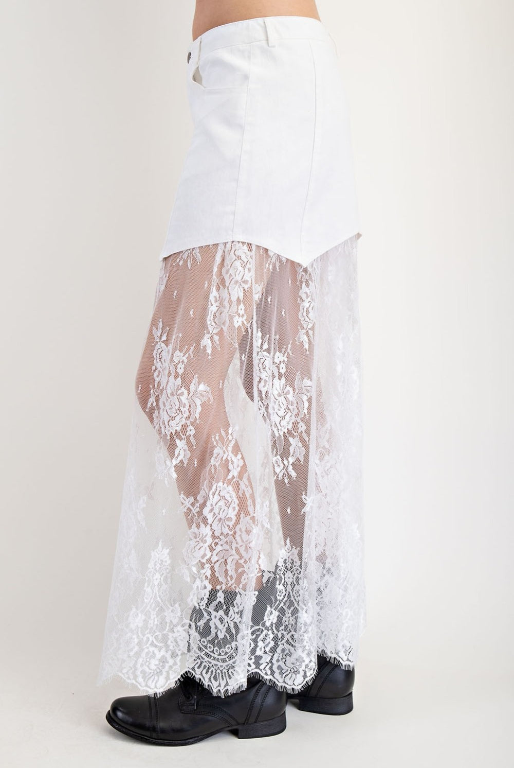 Layered denim lace contrast midi skirt from Edit by Nine, featuring a stylish denim design with lace details and a midi length.