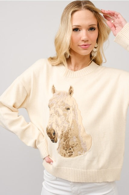 Blue embroidered horse crew neck sweater by RARA Boutique, featuring detailed horse embroidery on soft knit fabric.
