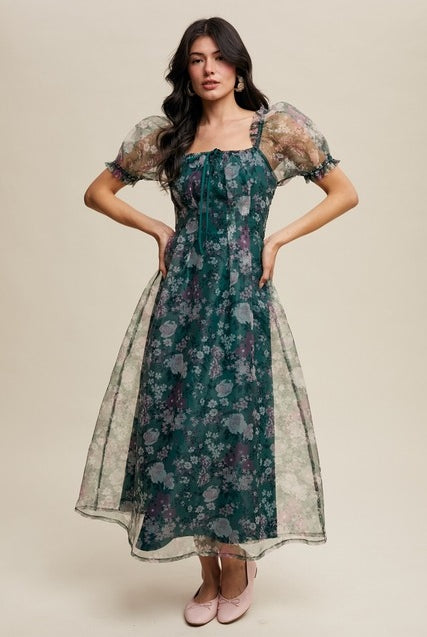 Organza Puff Sleeve Floral Print Maxi Dress - Listicle - RARA Boutique