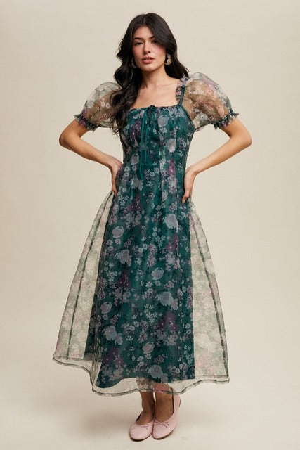 Organza Puff Sleeve Floral Print Maxi Dress - Listicle - RARA Boutique