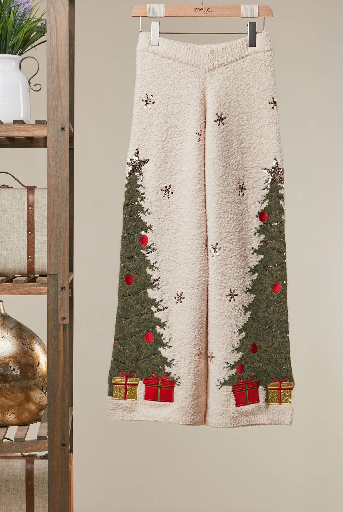 Mello Christmas tree sweater pants featuring festive holiday tree patterns on soft, cozy fabric for seasonal comfort.