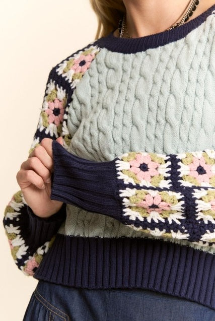 Crochet Sleeve Granny Square Cable Knit Sweater - Davi & Dani - RARA Boutique