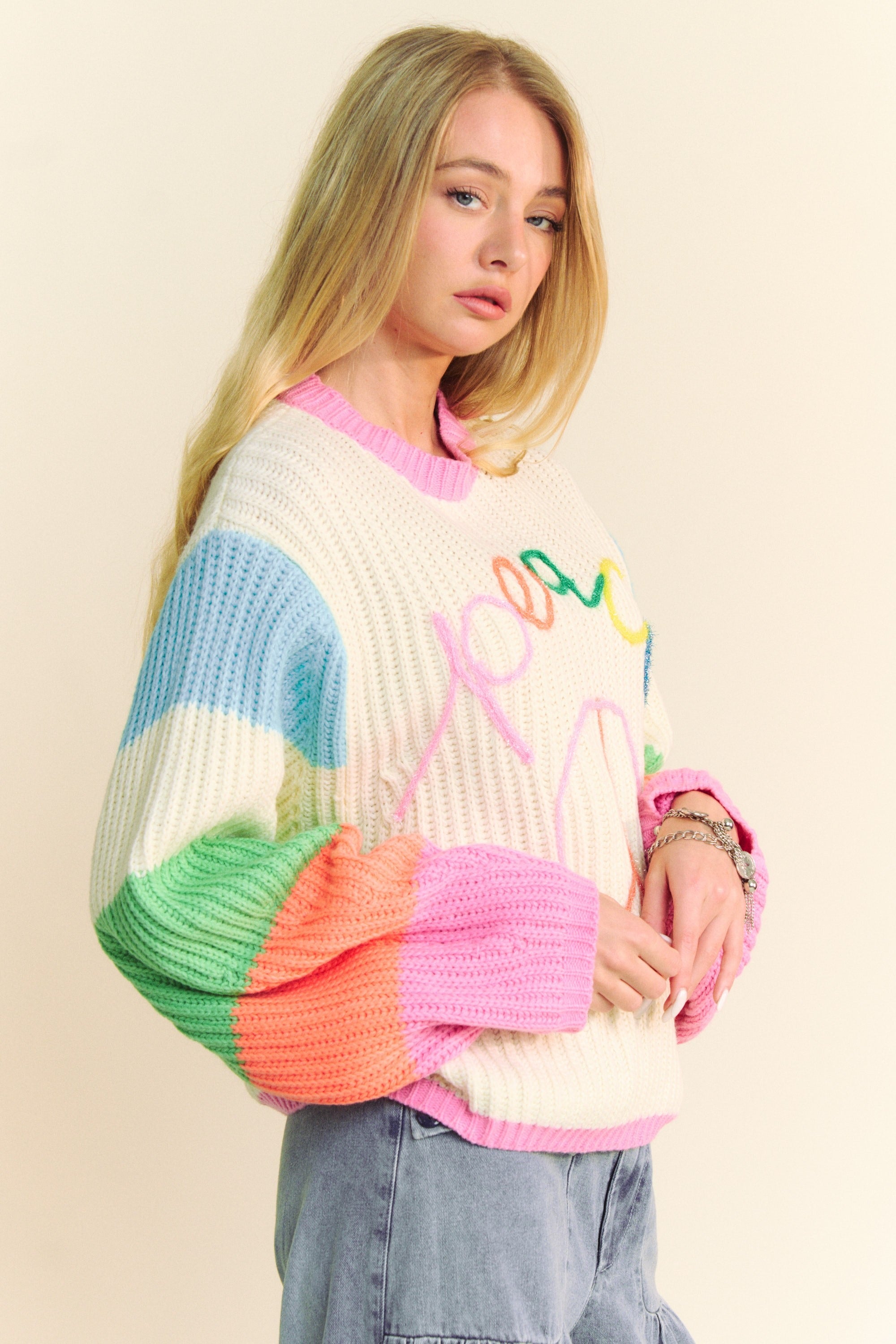 Multicolor Striped Peace Sign Balloon Sleeve Sweater - Davi & Dani - RARA Boutique