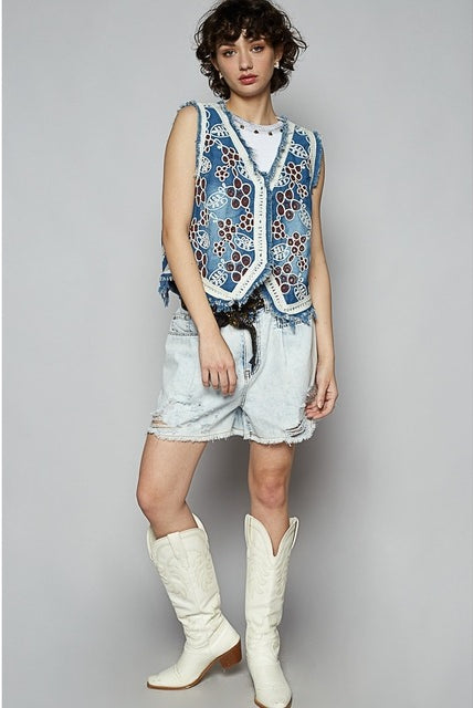 RARA Boutique embroidered floral frayed hem denim vest with colorful floral embroidery and distressed frayed edges.