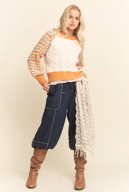 Crochet Sleeve Granny Square Cable Knit Sweater - Davi & Dani - RARA Boutique