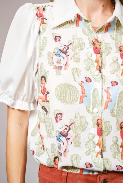 Western Pin Up Girl Cactus Print Lace Collar Blouse - Blue B - RARA Boutique