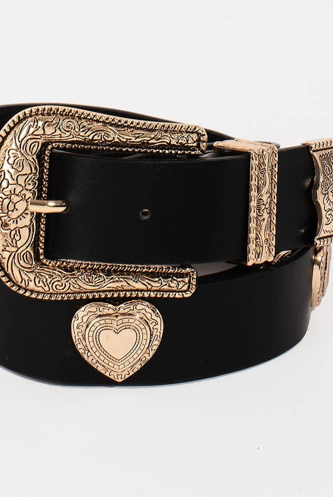 Western etched flower heart vegan leather belt with decorative floral and heart details, stylish accessory from Collections by Fame Accessories.