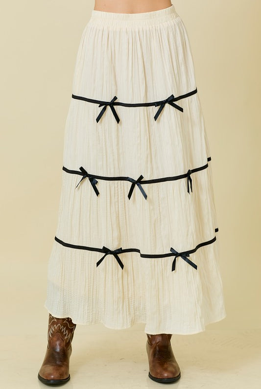 Plisse Bow Contrast Trim Maxi Skirt - Main Strip - RARA Boutique
