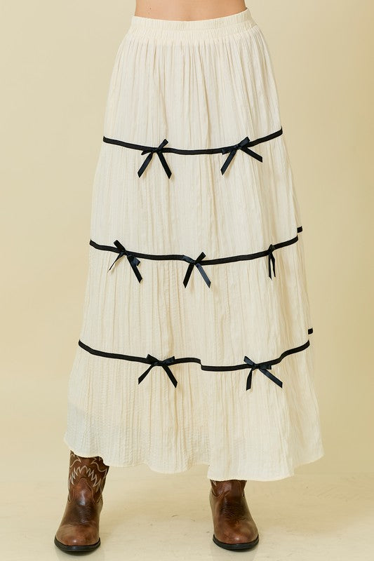 Plisse Bow Contrast Trim Maxi Skirt - Main Strip - RARA Boutique