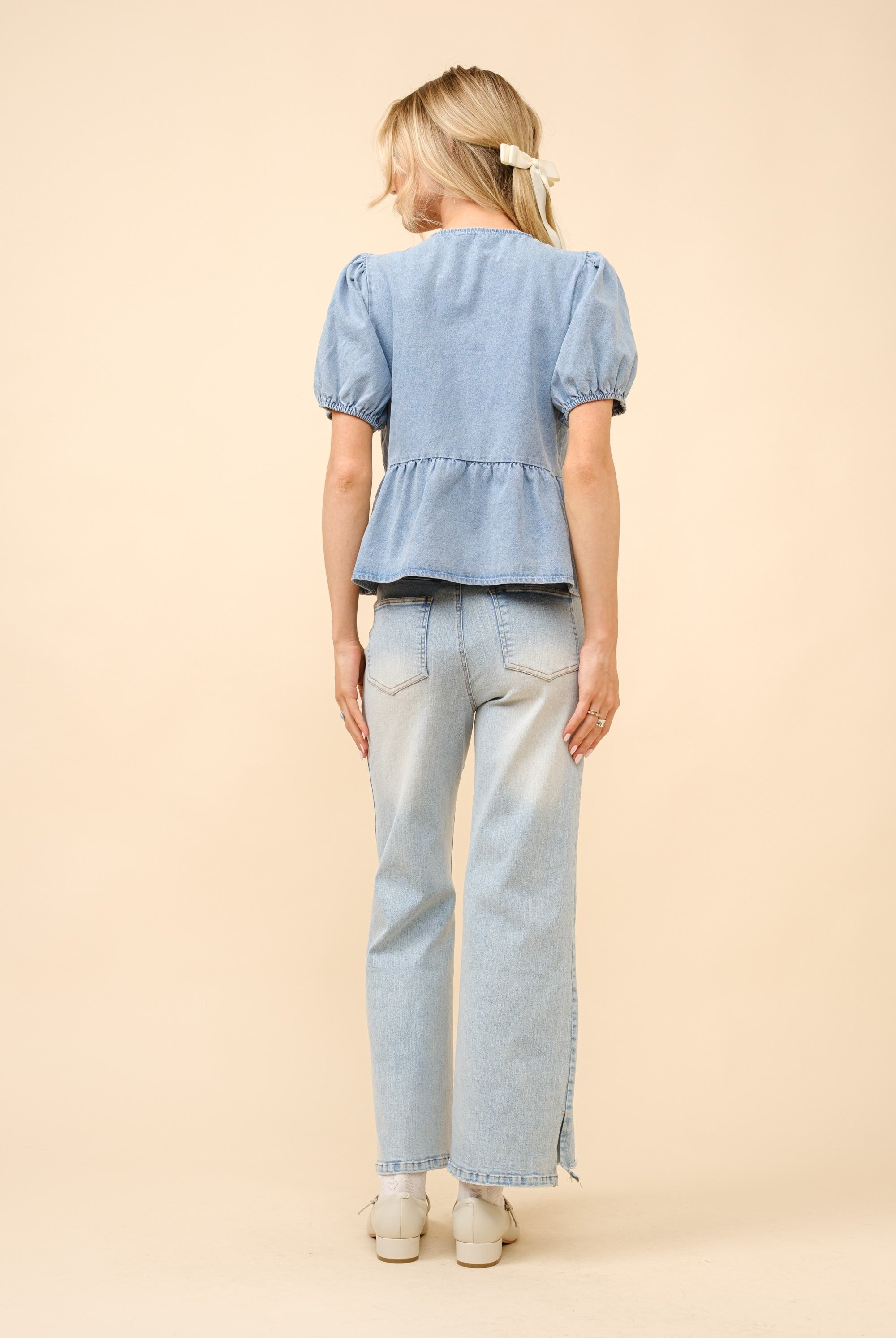 Puff Sleeve Bow Tie Front Denim Cut Out Top - Blue B - RARA Boutique