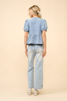 Puff Sleeve Bow Tie Front Denim Cut Out Top - Blue B - RARA Boutique
