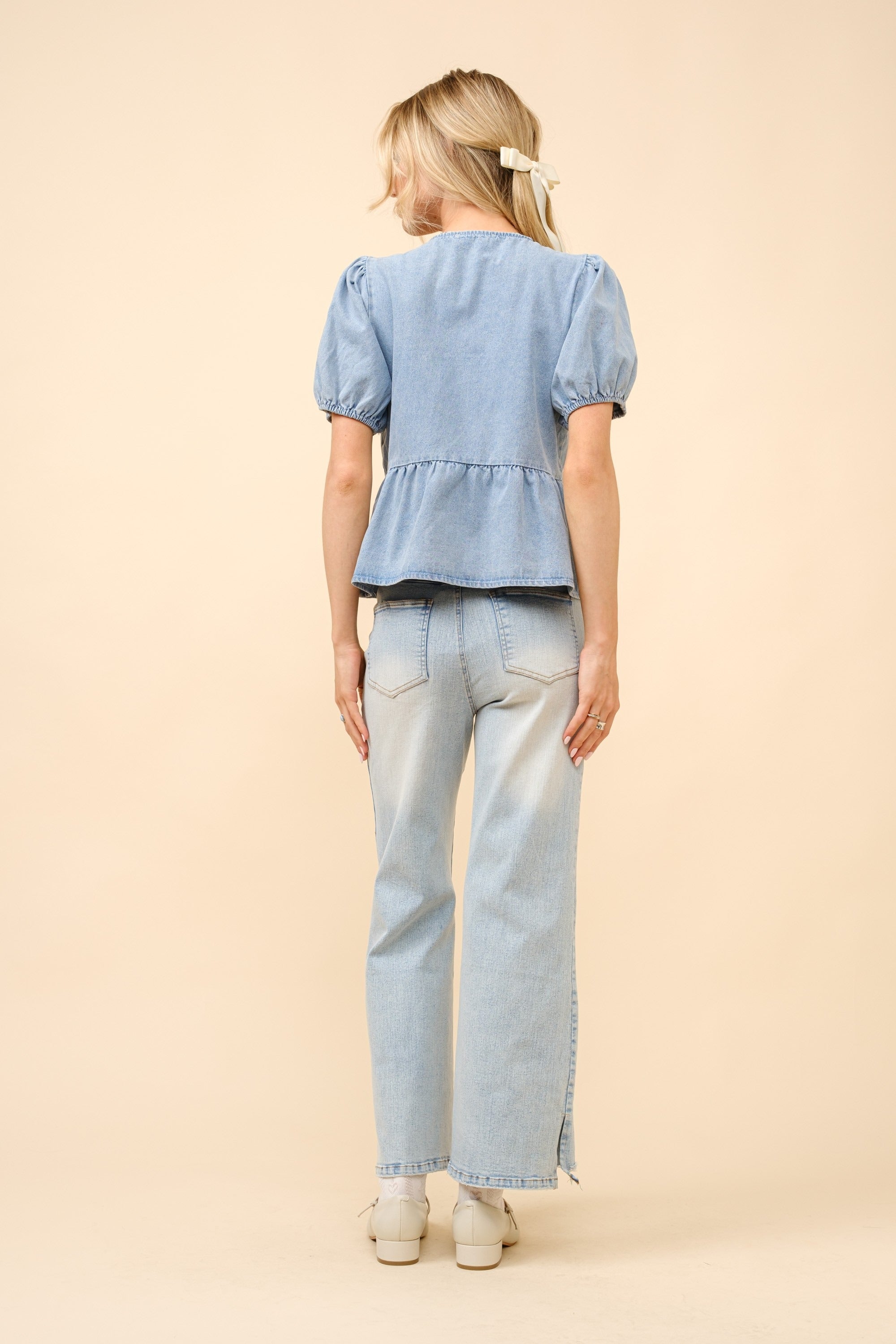 Puff Sleeve Bow Tie Front Denim Cut Out Top - Blue B - RARA Boutique