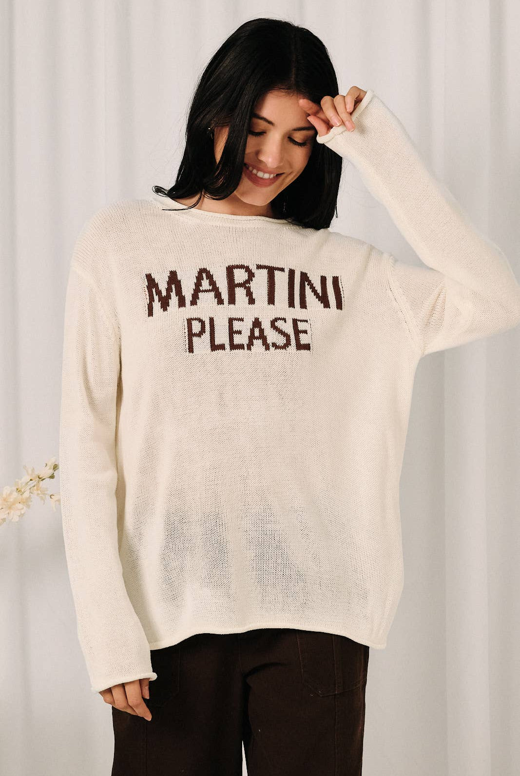 Lightweight long sleeve sweater with round neck featuring "Martini Please" print from Sunday Edition by LE LIS.