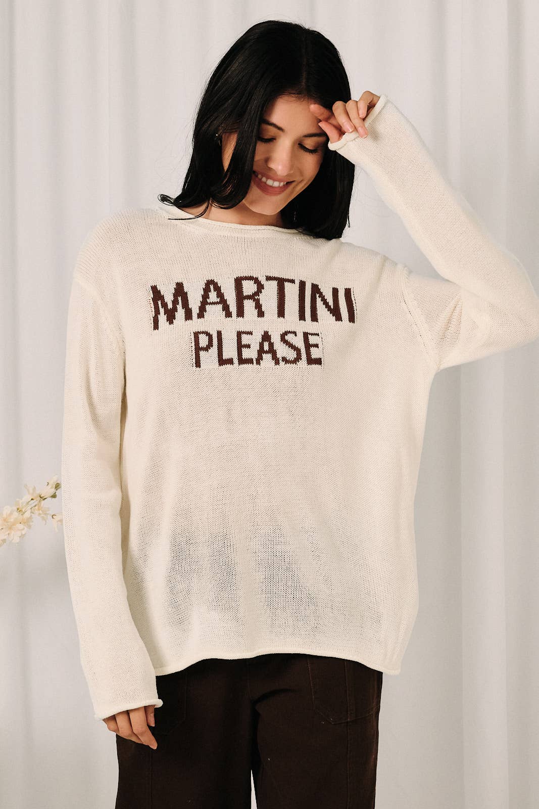 Lightweight long sleeve sweater with round neck featuring "Martini Please" print from Sunday Edition by LE LIS.