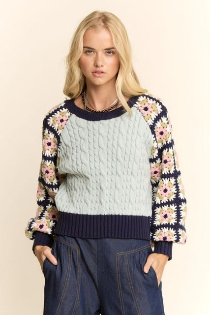 Crochet Sleeve Granny Square Cable Knit Sweater - Davi & Dani - RARA Boutique