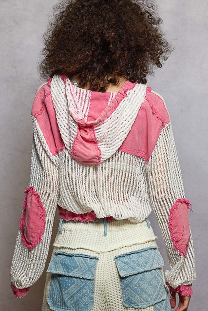 Open Knit Contrast Hooded Shacket with Frayed Edges - POL - RARA Boutique