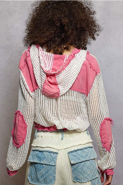Open Knit Contrast Hooded Shacket with Frayed Edges - POL - RARA Boutique