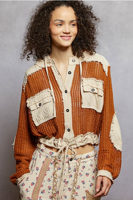 Open Knit Contrast Hooded Shacket with Frayed Edges - POL - RARA Boutique