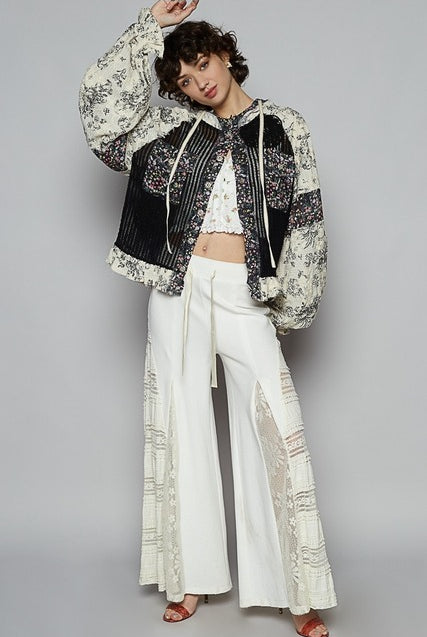 RARA Boutique floral contrast crochet and gauze jacket with balloon sleeves, lightweight and stylish for spring and summer wear.